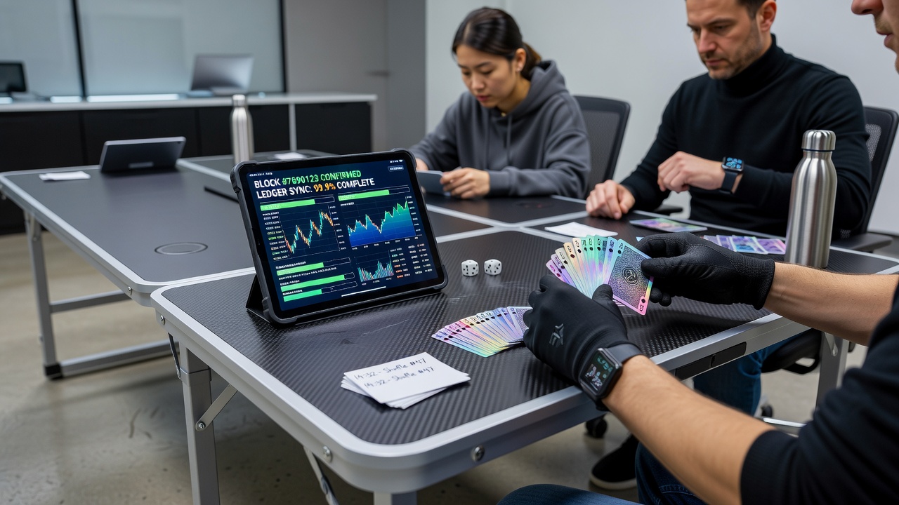 Close-up view of live dealer shuffling cards on screen with overlaid blockchain confirmation status indicators