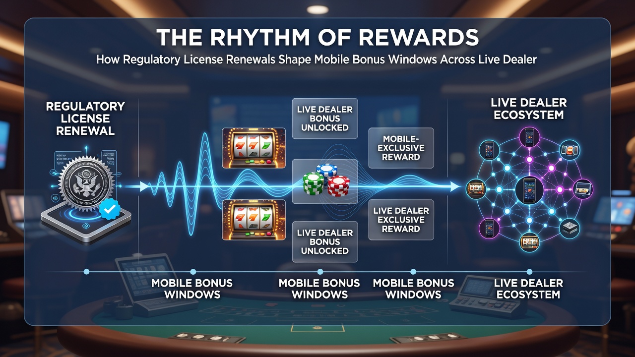 Mobile slot and live dealer gameplay screens illustrating synchronized bonus activation periods